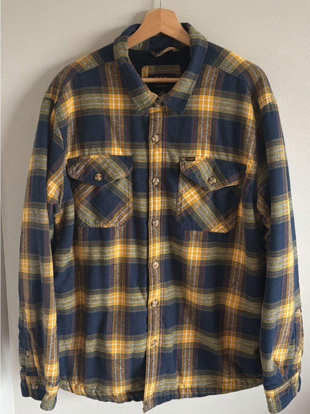 Lee Men's Navy and Mustard Plaid Button-Up Fleece lined Jacket